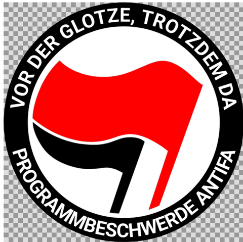 Antifa-Sticker mit der caption "vor der Glotze, trotzdem da Programmbeschwerde Antifa "