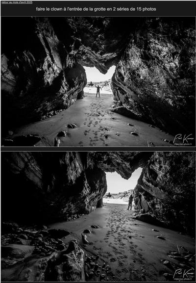 photo verticale en noir et blanc d'un extrait de copies d'écran d'une page présentant deux photos d'une silhouette à l'entrée d'une grotte sous une falaise. Le titre de la page est « faire le clown à l'entrée de la grotte en 2 séries de 15 photos ».