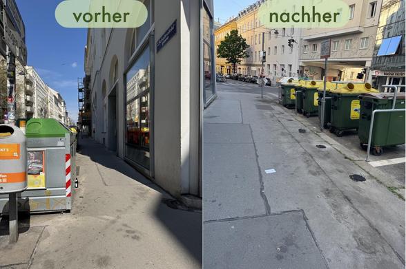 Vorher-nachher Foto Altstoffsammelstelle Schottenfeldgasse # Lindengasse: vorher am Gehsteig, was zu einem sehr engem Gehsteig führt. Nacher: Viel mehr Platz am Gehsteig, da die Container jetzt dort stehen, wo vorher Autos parkten.