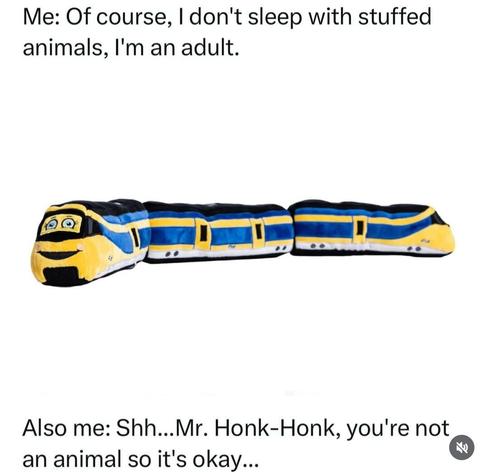 Me: Of course I don't sleep with stuffed animals, I'm an adult

[Photo of a plush train]

Also me: Shh mr. Honk-Honk, you're not an animal so it's okay...