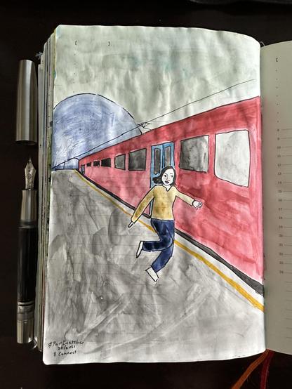 Sketch in sketchbook of me running to catch a train