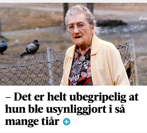 Skjermbilde av sak fra Adressa på nett. Bilde av en eldre dame med et sterkt og bestemt utseende. Hun står ute foran et lavt netting-gjerde. Et par duer sitter på det.