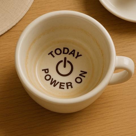 A ceramic mug featuring the text 