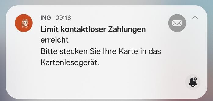 Limit kontaktloser Zahlungen
erreicht
Bitte stecken Sie Ihre Karte in das
Kartenlesegerät.