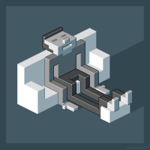 Isometric pixel artwork, showing a stylized exhausted figure sitting on a couch, while his body takes on the forms of the couch, as if he's wrapped over it like a sheet.