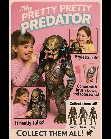 Nella fotografia, una bambina felice che pettina una bambola di Predator alla quale ha applicato dei fiocchetti colorati sulle treccine. 

Lo slogan pubblicitario recita: "My PRETTY PRETTY PREDATOR

Style its hair!

Comes with brush, bows, and accessories!

It really talks!

COLLECT THEM ALL!"