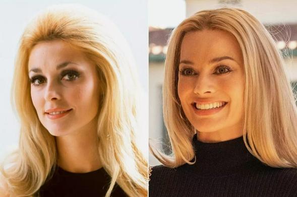 Sharon Tate and Margot Robbie portraying Sharon Tate
