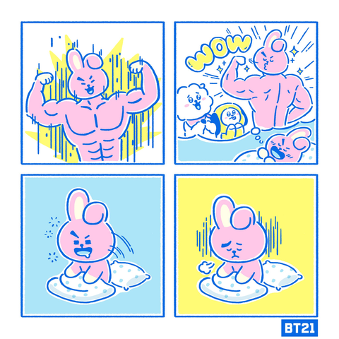A BT21 Cartoon - Cooky dreaming of big muscles and adoration from RJ and Chimmy