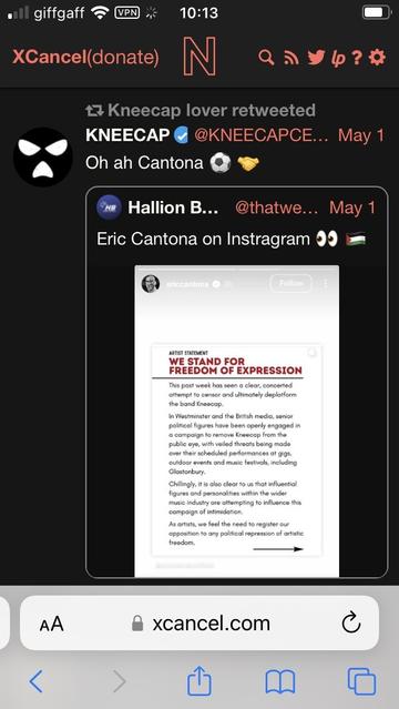 screenshot from kneecap's social media account is a repost of eric cantona's boost of the letter from artists in support of kneecap. 
kneecap comment is: 'oh ah cantona'.