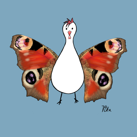 Cartoon des weisen Huhns (viisas kana). Das Huhn trägt Flügel des Tagpfauenauges.