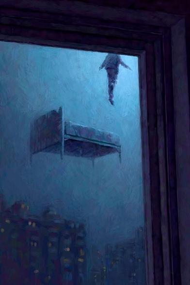 Das Bild zeigt eine traumhafte, surreal wirkende Szene:
Ein Bett schwebt hoch oben im blauen Dämmerlicht über einer Stadt – als wäre es aus dem Fenster eines Hauses in den Nachthimmel hinausgetragen worden. Darüber schwebt, wie schwerelos und fast schon auflösend, ein Mensch – aufrecht, mit ausgebreiteten Armen, als würde er schlafen, träumen oder sich von der irdischen Welt lösen. Der Blick durch das Fenster rahmt das Geschehen wie ein stiller Zeuge.

Bilddeutung im Kontext von Traum und Wirklichkeit:

Dieses Bild spielt mit der Grenze zwischen dem Physischen und dem Inneren. Das Bett – Symbol des Schlafs und der Geborgenheit – verlässt den Raum des Gewohnten, wird Teil einer anderen Sphäre. Der Mensch, der sich davonträgt, könnte ein Abbild des Träumenden sein – auf dem Weg in eine jenseitige, innere oder metaphysische Dimension. Es ist das Loslösen von der Realität, das Eintreten in das Unfassbare, vielleicht sogar eine symbolische Darstellung des Todes oder der astralen Reise.

Passend dazu ein poetischer Text:

Zwischen Welten

Ich trat aus meinem Zimmer hinaus in den Himmel,
getragen vom Atem des Traums.
Mein Bett blieb zurück wie ein leeres Boot –
und ich wurde leichter als Erinnerung.

Unten die Stadt, flackernd im Schlaf,
oben das Blaue, das kein Name fassen kann.

Dort – wo Wirklichkeit sich schweigend verliert –
begann mein wahres Erwachen.🖖