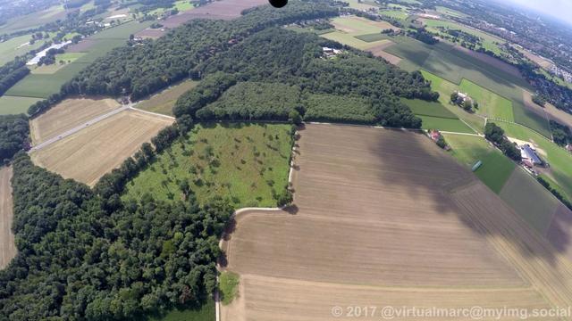 A photo of agricultural fields and some wood from above. This is in Herten.