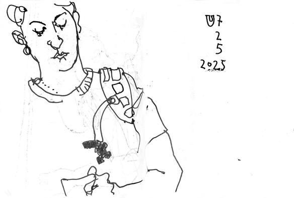 Pen drawing of a young woman, checking her phone while standing at the door of an u-train of the Berlin U7-line.