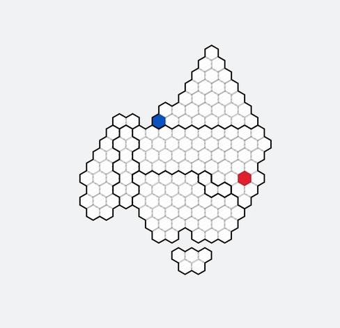 An abstract map of Australia. AI thinks it looks like this:

This image depicts a stylised outline of a shape resembling a face, composed entirely of hexagonal tiles. The hexagons are arranged to form a symmetrical design with a pointed top and a rounded bottom, giving the impression of a face looking straight ahead.

- The majority of the hexagons are light grey with black borders.
- There is a single blue hexagon positioned towards the upper left side of the shape, representing an eye.
- On the right side, roughly at the same level as the blue hexagon, there is a single red hexagon, representing the other eye.
- The overall design is abstract and minimalist, using geometric shapes to convey the form of a face.