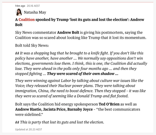 Sky News commentator Andrew Bolt is giving his postmortem, saying the Coalition was so scared about looking like Trump that it lost its momentum.