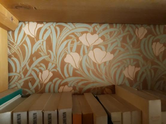 Papier peint à fleurs au fond d'une étagère de livres.