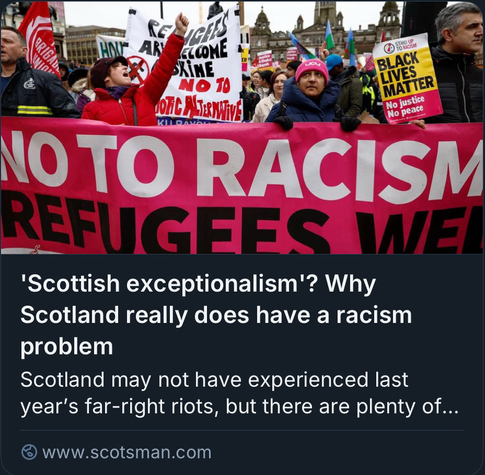 People at an anti racism demonstration with a banner “Say no to racism, refugees welcome” and title of article “Scottish exceptionalism? Why scotland really does have a racism problem”