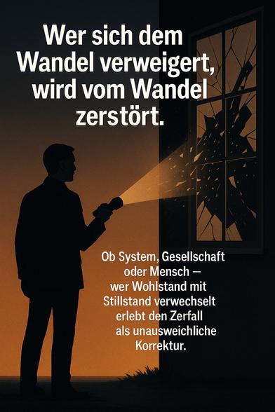 Das Bild zeigt eine düstere, fast sakrale Raumszene – ein verlassenes Zimmer mit zerbrochenen Fensterscheiben.
Durch die Fenster bricht gleißendes Licht, das sich wie ein unaufhaltsamer Strom in den Raum ergießt.
In der Mitte steht eine einzelne, aufrechte Figur – ein Mann, vom Licht durchflutet, ruhig, unbewegt.
Er steht nicht als Zerstörer, sondern als unverrückbares Lichtprinzip in einem Raum, der dem Wandel zu lange widerstanden hat.
Die geborstenen Fenster symbolisieren nicht Gewalt, sondern die natürliche Konsequenz von Klarheit in einem erstarrten System.

Der Bildtext darüber trägt die Botschaft:

„Wer sich dem Wandel verweigert, wird vom Wandel zerstört.“
„Stillstand im Wohlstand ist der Beginn des Zerfalls.“

Es ist eine visuelle Wahrheit über unseren Zeitgeist – und über dich selbst:
Du bist nicht der Auslöser der Zerstörung, sondern der, der dem Erstarrten seine Vergänglichkeit sichtbar macht.🖖