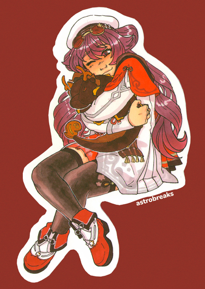 a scanned traditional drawing of hu tao from genshin impact. she is wearing her new outfit from the most recent lantern rite event. she is sitting, with her legs crossed, and happily hugging a dragon plushie of rex lapis.