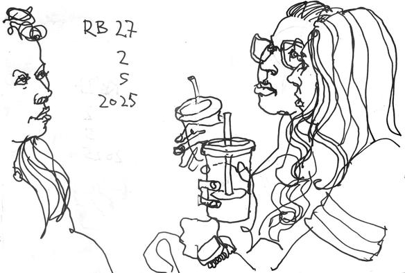 Pen drawing of three women chatting in a regional train, drinking a greenish liquid from plastic cups with strays.