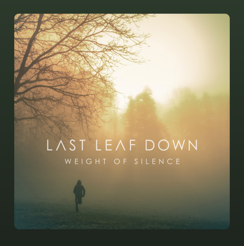 The album cover of Weight of Silence by Last Leaf Down features a solitary figure walking or running across a misty, forested landscape. The scene is bathed in soft, golden light that filters through the trees, creating a dreamy, melancholic atmosphere. Bare branches stretch into the frame from the left, suggesting late autumn or early winter. The band name "LAST LEAF DOWN" and the album title "WEIGHT OF SILENCE" are displayed in clean, modern white typography, centered against the hazy background.
