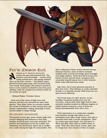 Screenshot of the first interior page of the fey'ri species description showing a fey'ri with wings and half a page of text.