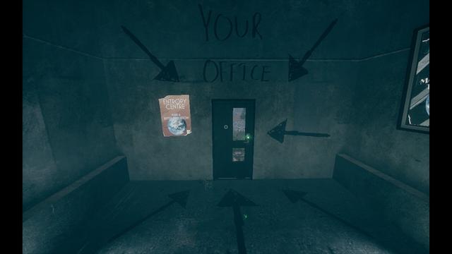 A door in a concrete wall, with huge black arrows all around pointing to it and "YOUR OFFICE" written above in giant letters