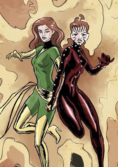 Zoom on two women united into the phoenix force: On the left, Jean Gray wears a green and gold outfit, while on the right, Rachel is dressed in a red and black suit. They are positioned back-to-back against a fiery phoenix background, with a cosmic setting filled with stars.