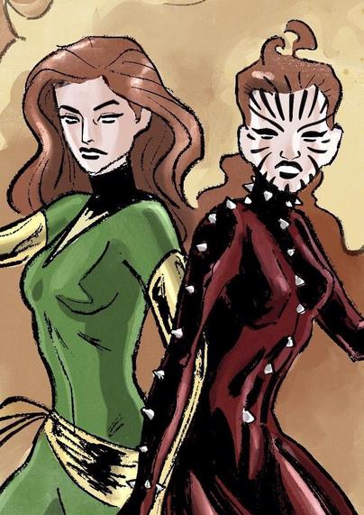 Face level zoom of two women united into the phoenix force: On the left, Jean Gray wears a green and gold outfit, while on the right, Rachel is dressed in a red and black suit. They are positioned back-to-back against a fiery phoenix background, with a cosmic setting filled with stars.