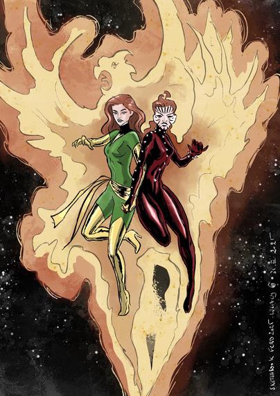 Two women united into the phoenix force: On the left, Jean Gray wears a green and gold outfit, while on the right, Rachel is dressed in a red and black suit. They are positioned back-to-back against a fiery phoenix background, with a cosmic setting filled with stars.