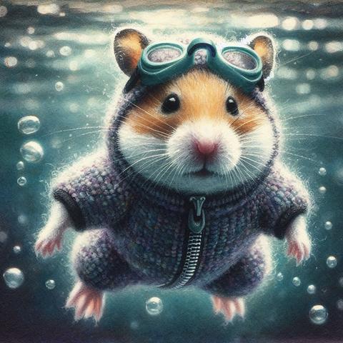 KI-Bild (DALL•E3):

Hamster Holly im schnuckeligen Taucheranzug unterwasser im Becken des städtischen Freibads. Nahaufnahme, leicht untersichtig mit Blubberblasen.