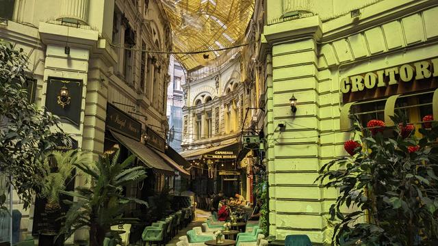 A beautiful road in Bucuresti old town with cafés and plants. The road is covered with a sun roof.