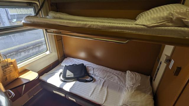A comfortable wagon-lits compartment.