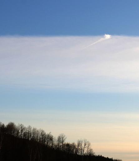 Photograph of a blue sky at dawn, with horizontal strips of clouds and an oblique and dark horizon of trees going down from the left. In the top first quarter of the picture is a strip of bright blue sky. Then a white strip of clouds occupies the middle part of the picture, with a small white bright cloud in it, looking very much like a check or a comma. Under is another strip of blue sky, narrower and paler. The lower part of the picture is occupied by strips of white and pale pink and orange clouds, over and mixing with the dark silhouettes of trees at the horizon.