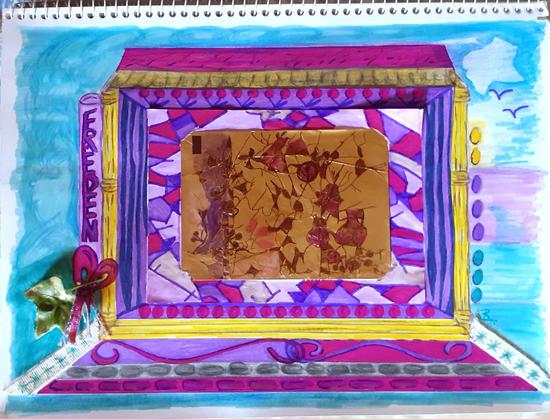 In der Mitte das abstrakt bemalte Goldfolienpapier darum ein breiter Rahmen mit einem Mosaik aus
ungleichmäßigen Formen in Lilatönen und Magenta. Links und rechts ein schmaler Streifen lila Zebrastreifen. Oben ein Streifen Kirschen über Kopf hängend. Unten Magenta Punkte auf lila. Darum ein Architekturrahmen in Gelb. Ganz oben auf ein breiter Streifen Magenta. Unten an das Gelb anschließend Verschlungene Linien in lila und Magenta dann ein schmaler Streifen grau mit dunklen Feldsteinen. Darunter nochmal Magenta und dann hellblau. Die Streifen werden zu einem 90 Grad Winkel in die Bildecken immer breiter. Er schließt zu beiden Seiten ab mit einem hellen Stoffband mit türkisen Schneeflocken. Links unten darüber ein Efeublatt mit Magenta Schleife halb Textil. Links senkrecht an den gelben Rahmen anschließend ein lila Schriftzug. Auf der rechten Seite anschließend von oben nach unten 2 gelbe 3 lila und 3 blaue Ellipsen. Hintergrund um alles hellblau leicht strukturiert. Links vom Motiv unteres Drittel ein Block lila. Rechts oben in der Ecke zwei weit entfernt fliegende Vögel und darüber heller die Form eines Efeublattes im Blau.