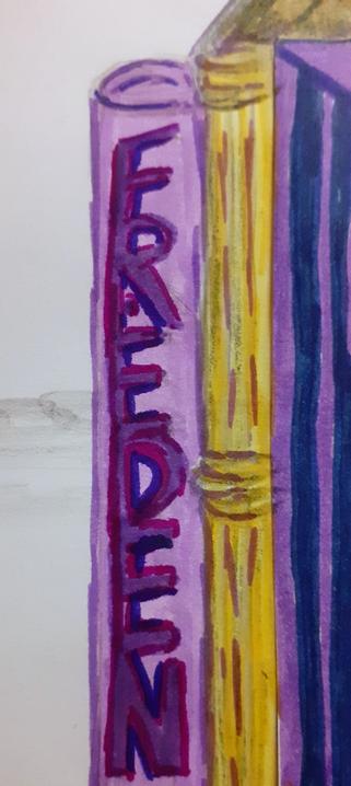Detailaufnahme. Links neben dem linken gelben Säulenstreifen in nun Senkrecht ein lila Streifen mit dem Schriftzug Frieden in einfachen lila 3D Großbuchstaben Senkrecht von oben nach unten geschrieben.
