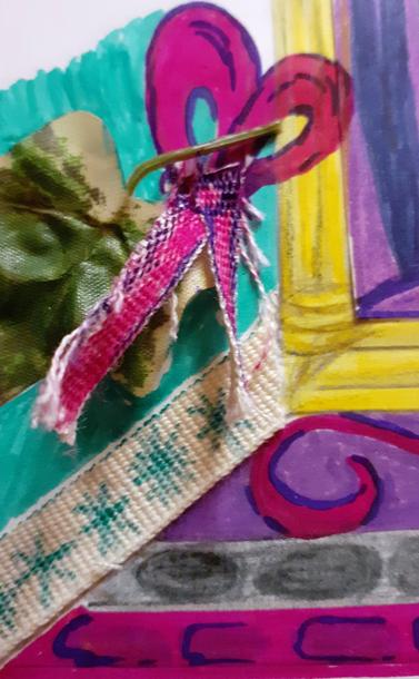 Detailaufnahme. Über dem Efeublatt ist nun eine Magenta Schleife. Die Schleifenbögen sind gemalt und bilden ein Herz. Die Bänder sind eingefärbt und aufgeklebt.