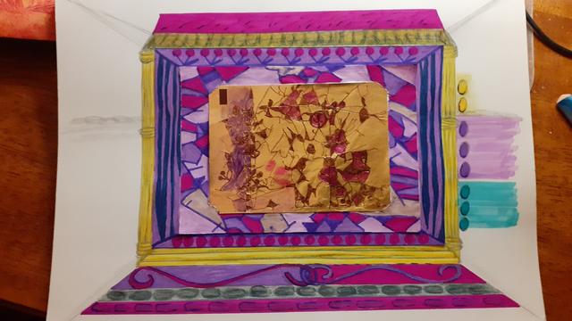 Beschriebenes Bild komplett mit beschrienenem Streifen unten und einem breiten magenta Streifen am oberen Rand anschließend an den breiten gelben Streifen Dach.