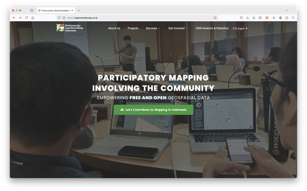 Screenshot of the English version of the homepage of the OpenStreetMap Indonesia community