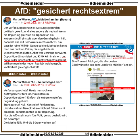Martin Wieser, AfD Bayern KV Mühldorf am Inn

postet privat am 02.05.2025 
"Der Verfassungsschutz ist weisungsgebunden, politisch gelenkt und alles andere als neutral! Wenn die Regierung plötzlich die Opposition als ‘extremistisch’ einstuft, aber den Grund geheim hält, dann hat das mit Demokratie nichts mehr zu tun, dass ist reine Willkür! Genau solche Methoden kennt man aus dunklen Zeiten, die angeblich nie wiederkommen dürfen. Aber wer Verträge schwärzt, Opposition dämonisiert und Kritik kriminalisiert, der hat aus der Geschichte offensichtlich nichts gelernt. Willkommen in der neuen Realität weichgespült, kontrolliert, gleichgeschaltet!" 
und am 03.05.2025 ebenfalls privat 
"Verfassungsschutz? Heute nur noch ein Auftragsdienst fürs Innenministerium. Opposition stören? Einfach als extrem einstufen, Begründung geheim. Transparenz? Null. Kontrolle? Fehlanzeige. Und die wahren Demokratievernichter? Sitzen nicht am Rand, sondern mitten in der Regierung. Nur die AfD steht noch fürs Volk, genau deshalb wird sie bekämpft. Die Maske fällt. Und die Bürger wachen auf."