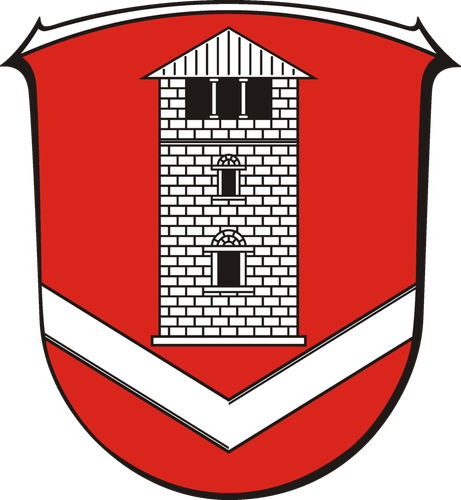 Wappen des gesuchten Ortes mit folgender Blasonierung: In Rot über einem umgekehrten silbernen Sparren ein silberner Turm mit zweisäuliger Galerie.
(Bild: Hessisches Staatsarchiv HStAD R 6 C Nr.281, gemeinfrei, Heinz Ritt)