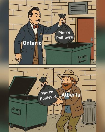 A two frame cartoon; in the top frame a well-to-do, stern-looking gentleman labelled ‘Ontario’ is placing a bag of trash labeled ‘Pierre Poilievre’ into a dumpster. In the second frame, a second man, dressed in shabby clothing and a cowboy hat labelled ‘Alberta’ is picking the Poilievre trash bag out of the dumpster, an expression of joy on his face.