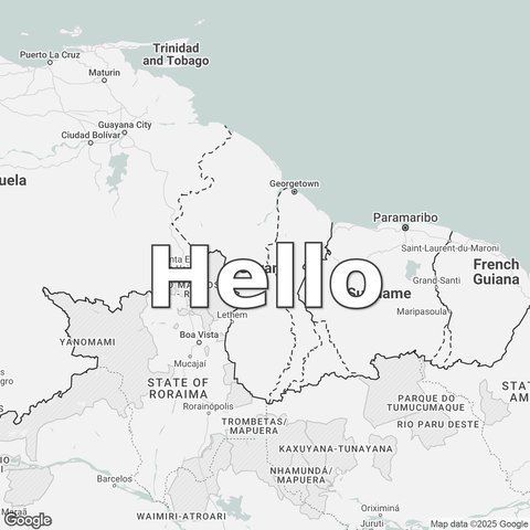 Map of Guyana overlaid with a translation of the word "hello": Hello.