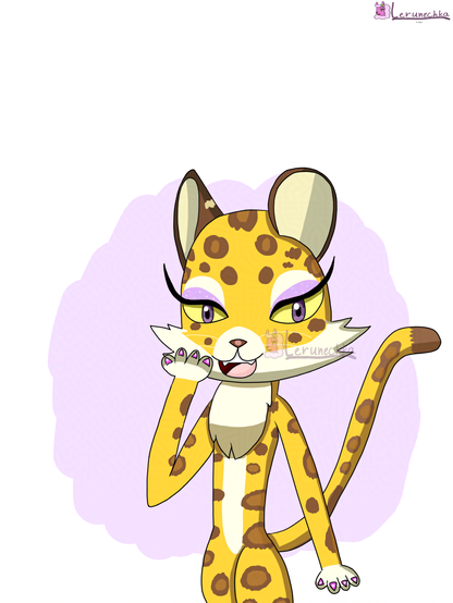 A drawing of a golden liopard with beige accents, has brown spots on her body. Has sparkling purple eyeshadows, darker purple eyes will yellow sclera, brown nose and beige whiskers. She's smiling.