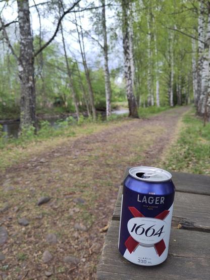 A can of 1664 Lager on a table by the path following Svartelva (Black river) in Ilseng, Norway