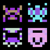 a 2x2 grid of multicolored 8x8 pixel aliens a la space invaders