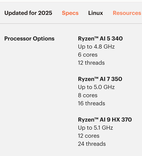 Framework 13 CPU options:

ADM Ryzen AI 5/7/9