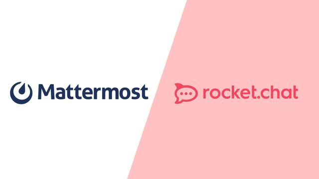 The Mattermost logo and the Rocket.Chat logo on a white and pink background.