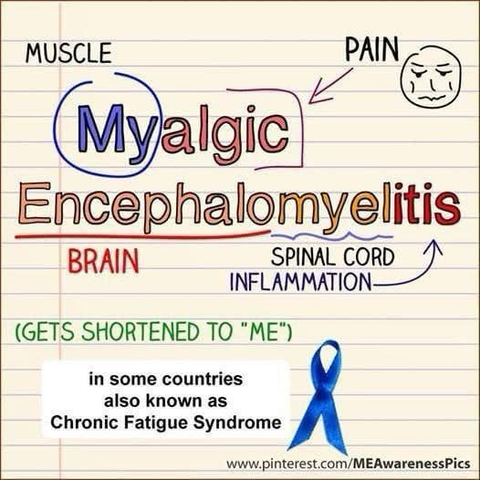 MUSCLE Myalgic Encephalomyelitis BRAIN PAIN SPINAL CORD INFLAMMATION- (GETS SHORTENED TO "ME") in some countries also known as Chronic Fatigue Syndrome www.pinterest.com/MEAwarenessPics