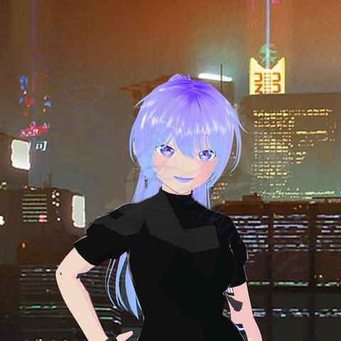 An animated character with long, light blue hair and large expressive eyes stands confidently in front of a city skyline illuminated by neon lights. The character wears a black top and has a playful expression, creating a futuristic vibe.